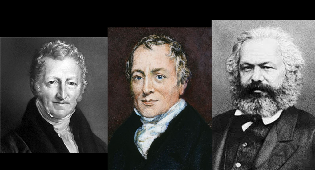Thomas Malthus, David Ricardo y Karl Marx